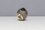 Todd Reed ring with a black rose cut diamond (10.75ctw) and olive diamonds (5.88ctw) in 18k yellow gold and sterling silver.